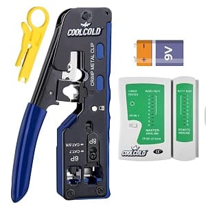 COOLCOLD RJ45 Crimping Tool Kit with Cable Tester - Ethernet Crimper, Wire Stripper for RJ45/RJ12/RJ11 Cat5/Cat6/Cat7 LAN Network Cables, Heavy Duty Metal Pass Through Crimp Tool with Safety Lock