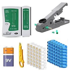 COOLCOLD Network Cable Tester for RJ45/RJ11/RJ12 - LAN Tester with 9V Battery, UTP CAT5/CAT6 Ethernet Support, Cable Stripper, 50 RJ45 Connectors & 50 Boots