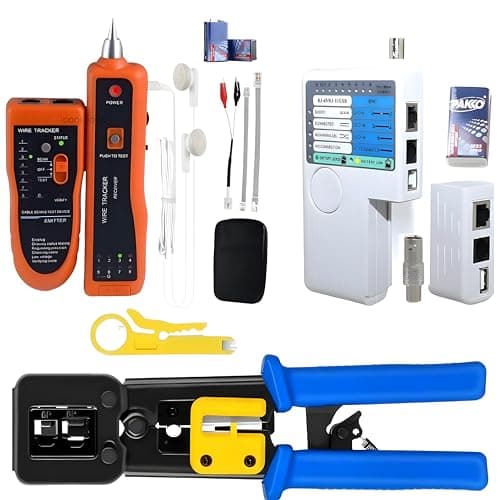 COOLCOLD RJ45 Crimping Tool with Wire Tracker Tester, RJ11 RJ45 Line Finder & LAN Cable Tester, Pass Through Cat5 Cat5e Cat6 Network Crimper Kit with Remote Cable & Stripper
